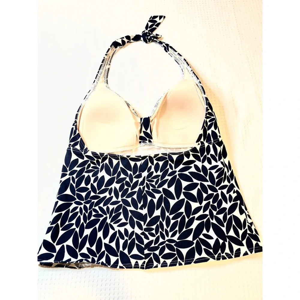 Lands End - Women's Tankini Size 12 - Navy Blue & White - Adjustable Tie @ Neck